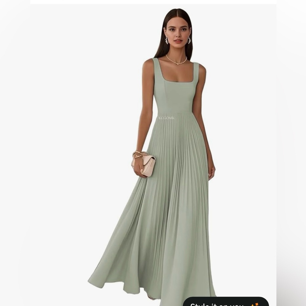 NEW Dusty Sage Green Chiffon Formal Dress Square Neck Pleated Skirt Size 0